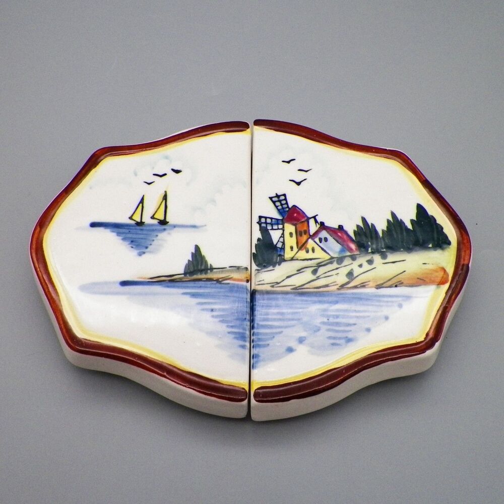 Vintage Fred Roberts Expandable Ceramic Trivet Windmill Sailboats Holland Scene